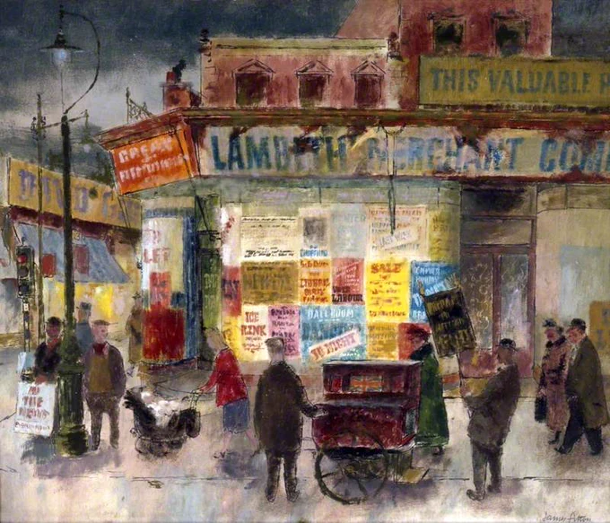 A dark evening on a busy London street; colourful posters line the window of shops, a tall street lamp gives off very low light, people in dark coats hold up posters, a woman in red pushes a pram, someone stands by the side of what looks like a street organ.