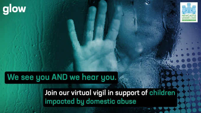 Photo of a young person with their hands pressed against a glass window. Text reads 'we see you and we hear you. Just our virtual vigil in support of children impacted by domestic abuse' 