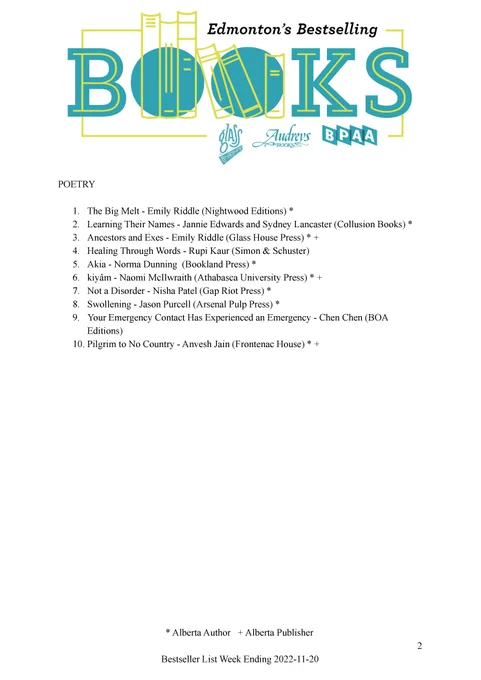 Edmonton Bestseller List for the week ending November 20, 2022. A PDF of the list can be found on our website through the following URL: http://bookpublishers.ab.ca/programs/edmonton-bestseller-list/