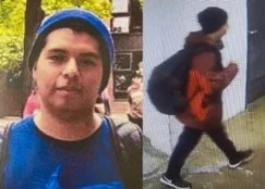 Eric Alcantara, seen wearing a blue shirt and blue winter cap, and also a red and black jacket and black pants, a black ski cap and a black backpack