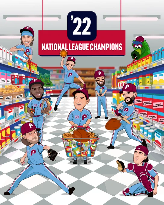 Thanksgiving illustration of the Philadelphia Phillies in a grocery store shopping for food. The sign at the aisle reads "'22 National League Champions". Food items line the aisle with all of the players wearing the powder blue Phillies uniform. Bryson Stott is pouring gravy on Seranthony Domínguez, who is carrying a bag of potatoes and hot sauce. Aaron Nola is about to pitching a can of cranberry sauce to J.T. Realmuto across the aisle. Rhys Hoskins is spiking a pie in the background like he's spiked the bat in Game 3 of the NLDS. Rob Thomson is pushing a cart with assorted Thanksgiving food items. Bryce Harper is holding his NLCS MVP trophy. Kyle Schwarber is about to hit a turkey out of the store like he smashes balls out of the yard. And the Phanatic is watching this all unfold on the right side at the top of the shelves.