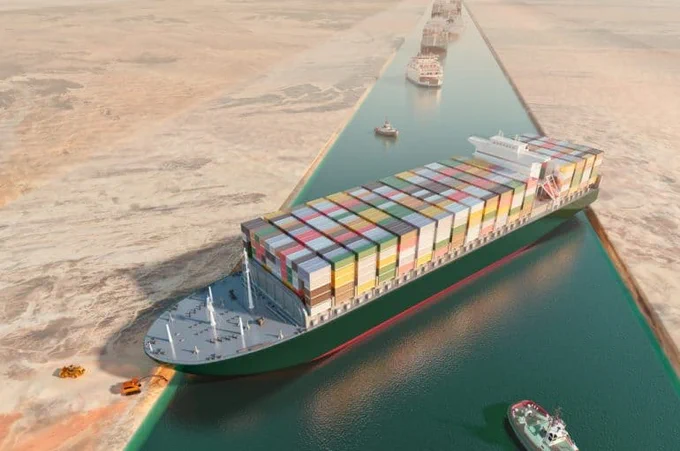 A container ship stuck in the Suez channel. Not A Good Thing.