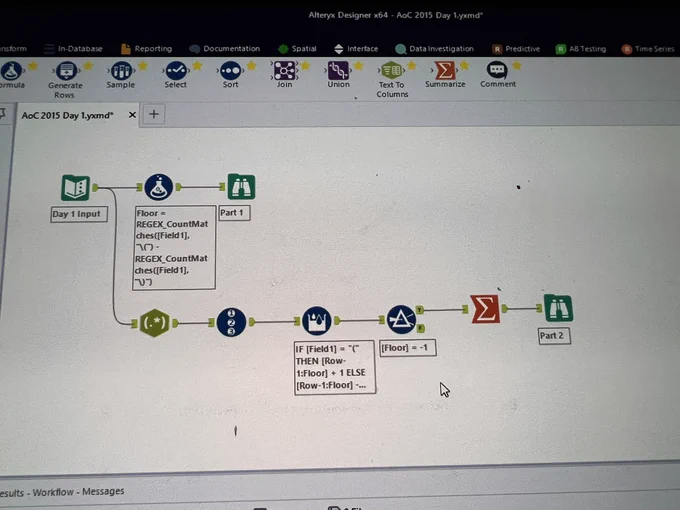 Alteryx workflow showing the solution to day 1 of advent of code 2015