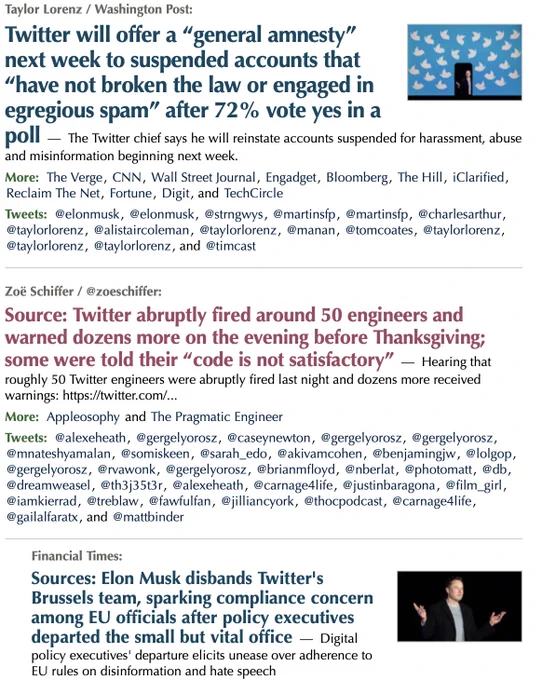 Techmeme news about twitter reinstating harassment accounts, firing engineers after one code review, and ducking out of their responsibilities on disinformation and hatespeech
