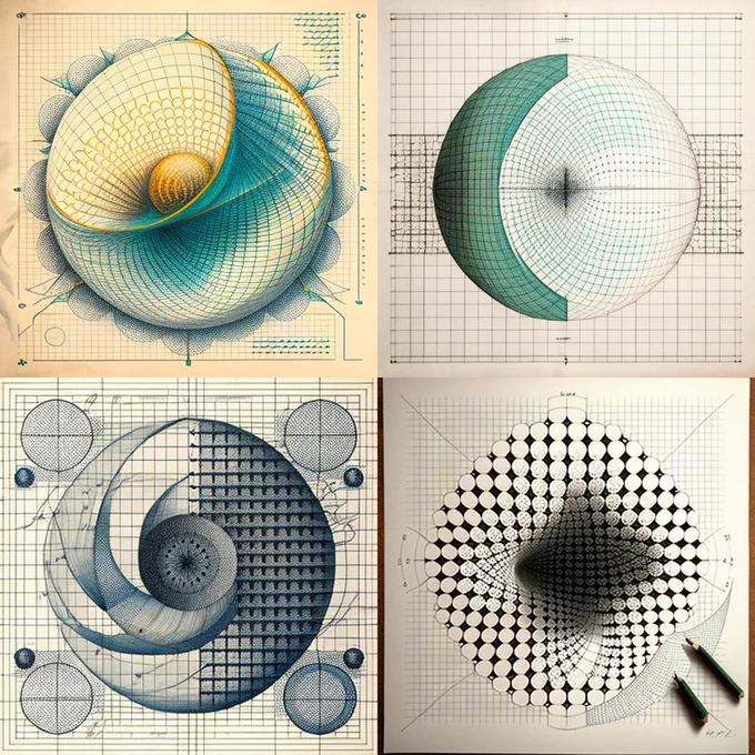 Four complex geometric images drawn in colored pencil on graph paper. Each focuses on a spherical shape whose internals are partly exposed.