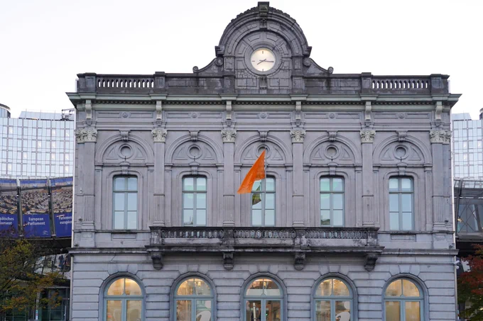 Orange flag is up on one of the European Parliament buildings in Brussels in support of the International Day for the Elimination of Violence against Women. 