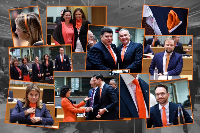 EU Trade Ministers are supporting the International Day to End Violence Against Women by wearing orange scarves and ties during their meeting on 25 November 2022 in Brussels.
