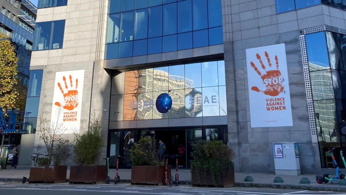 Orange banners in support of the International Day to End Violence Against Women are on the building of the EEAS (European External Action Service) in Brussels.