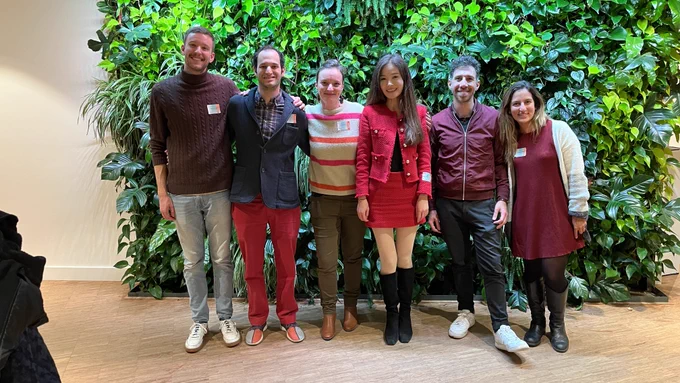 An image showing organizers and volunteers, from left to right: Thomas Dallmeir, Peter Lovei, Lisa Koeman, Jie Li, Abdallah El Ali, and Evangelia Giannikou