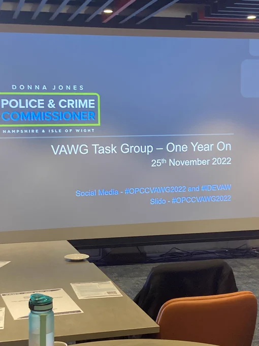 Slide showing police and crime commissioner logo and VAWG title