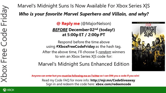 FREE CODE FRIDAY - For a chance to win a code for Marvel's Midnight Suns on Xbox Series X|S, reply to this tweet with the hashtag #XboxFreeCodeFriday before 5:00p ET / 2:00p PT answering this question: Who is your favorite Marvel Superhero and Villain, and why?