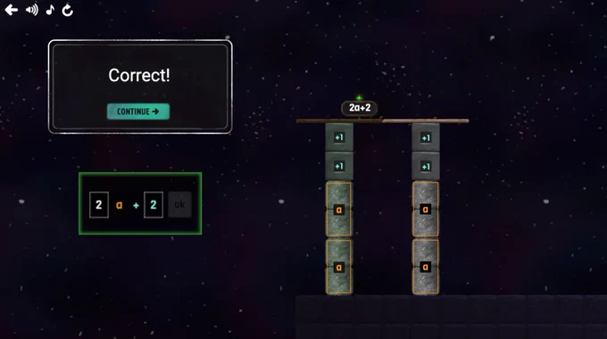 A screenshot from curse reverse. there are pillars with numbers on them. on screen text reads: Correct! Continue