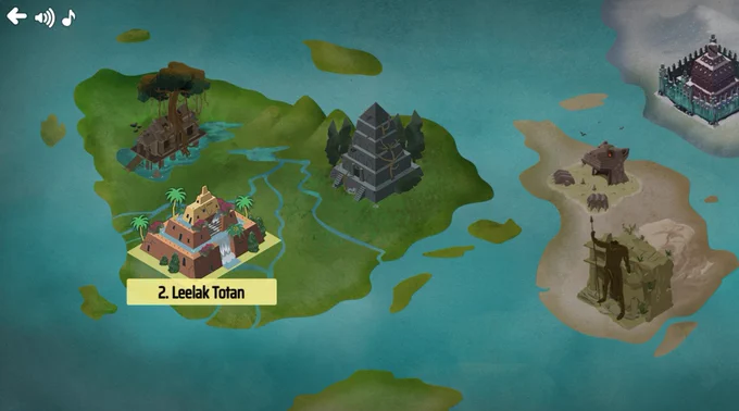 a screenshot from the curse reverse game. There is a map showing various islands and one is highlighted. On screen text reads: 2. Leelak Totan
