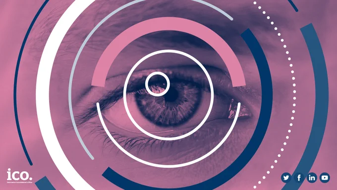 An eye behind pink and blue circles (representing biometrics)