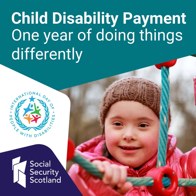 A child wearing a hat. Text on image reads: Child Disability Payment 
One year of doing things differently 