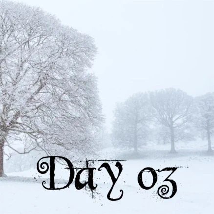 A snowy winter scene with a large tree in the foreground, and smaller trees in the distance. The text in the front reads "Day 03" and the picture and text are almost black and white (with a slight blue, winter tinge)