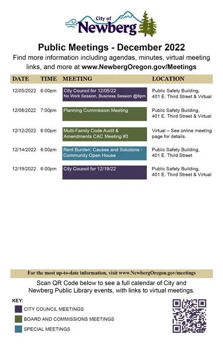 Here is your public meetings calendar for the month of December! 📅
Looking to get involved in local gov? See agendas and meeting details: https://www.newbergoregon.gov/meetings
PLEASE NOTE: Due to a lack of workshop items, the Council will not hold its Work Session for the meeting on December 5th. The Business session will start at 6pm. Please plan accordingly.