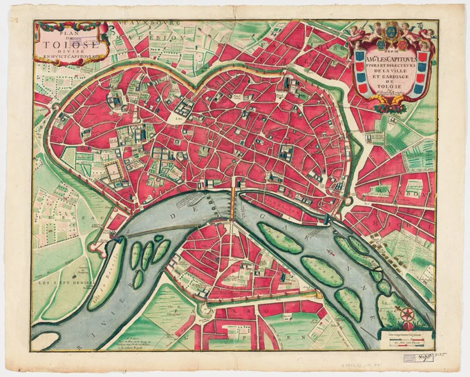 engraved map of the city with the river below with hand-coloring, especially a very deep red covering the city itself. 