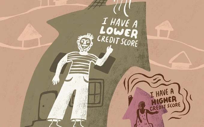 White man in a big house with the words "I have a lower credit score surrounding him". Black woman in small house with "I have a higher credit score" surrounding her.