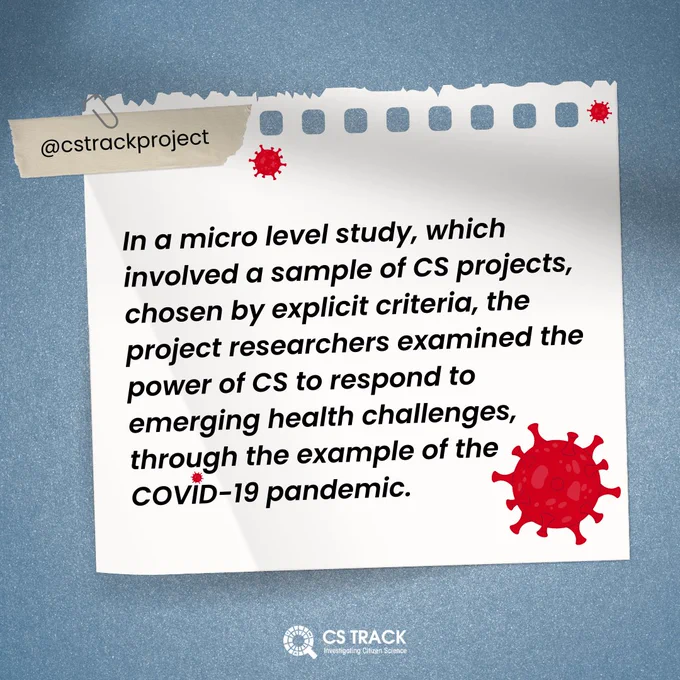 A graphic that reads "In a micro level study, which involved a sample of CS projects, chosen by explicit criteria, the project researchers examined the power of CS to respond to emerging health challenges, through the example of the COVID-19 pandemic."