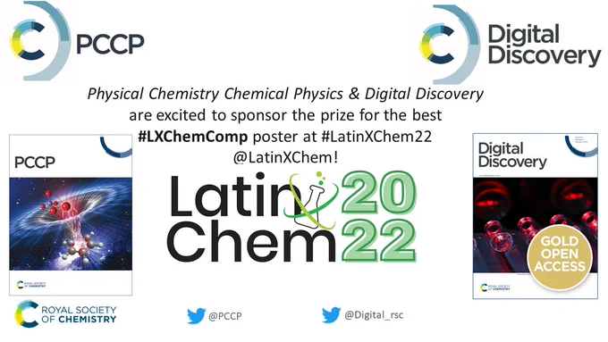 A promotional graphic showing P-C-C-P and Digital Discovery both sponsoring the poster price for best Computational Chemistry poster at LatinXChem 2022