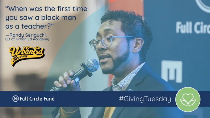 Randy Seriguchi, ED of Urban Ed Academy, holding a microphone with the quote "When was the first time you saw a black man as a teacher?"