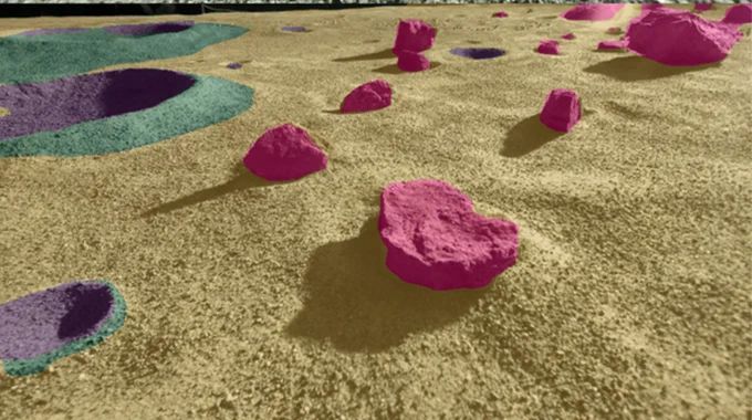 Gravel terrain in beige with boulders identified in pink, craters in purple, and crater rims in turquoise