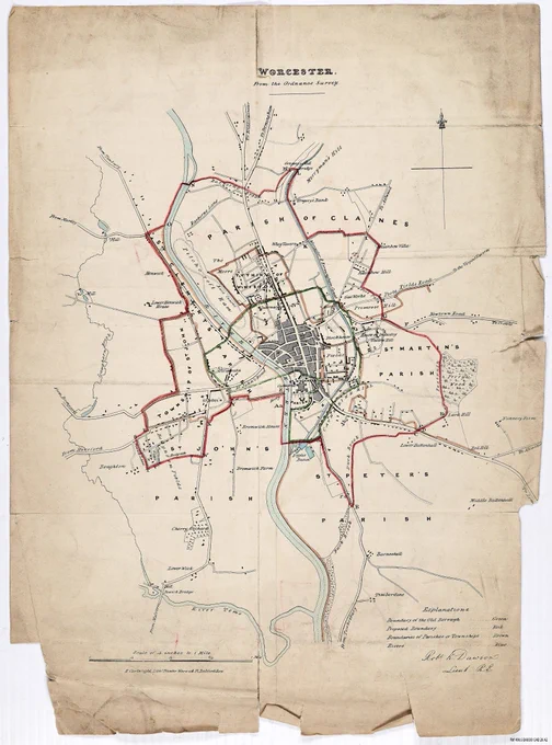 Worcester City map showing old and proposed new boundaries. One is signed Robert K Dawson. Late 19th century at Ref 496.5 BA9360 CAB 26 A2