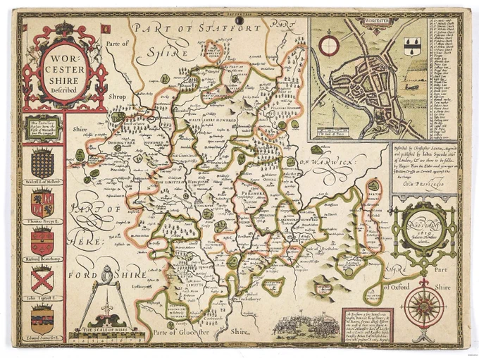 Map of Worcestershire by John Speed which includes an inset of Worcester City showing the street and notable buildings. c.1610 Ref BA9360 A24 Box 56
