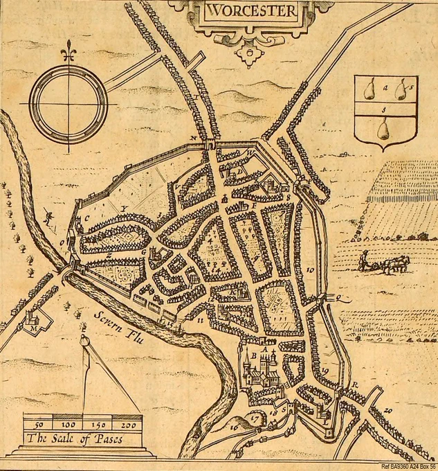 Inset of John Speed Map of Worcester City showing the street and notable buildings. c.1610 Ref BA9360 A24 Box 56