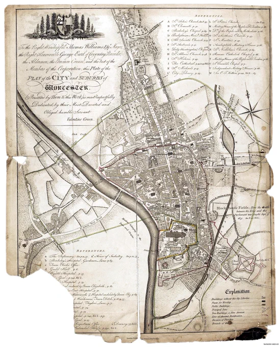 Plan of the City and Suburbs of Worcester. Printed map by Valentine Green. c.1795 Ref BA9360 CAB26 A35
