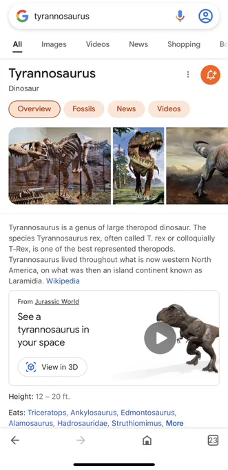 Search results for tyrannosaurus in Google iPhone app