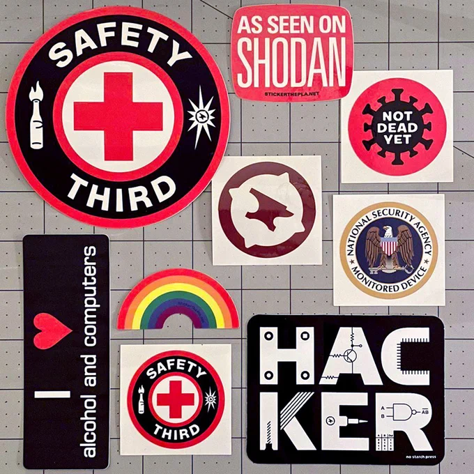 overhead shot of all stickers available from stickerthepla.net in one starter pack for $9
