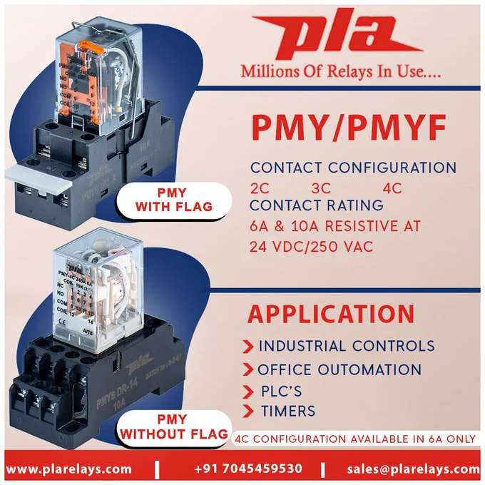 PMY / PMY F
Contact Configuration
2c,3c&4c
Contact Rating
6A&10A
@24 VDC / 250 VAC
www.plarelays.com
#plarelays #pluguinrelay #sip #dip #contact #application #configuration #mpcn #hcc #pmy #series #manufacturer #configuration #pac40 #pac80 #pmy #pmyf