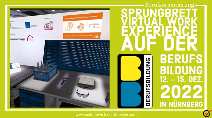 Ein Screenshot aus der VR-Anwendung sprungbrett VWE, zeigt einen Maschinenraum. Daneben Text: Sprungbrett Virtualworkexpierience auf der Berufsbildung!