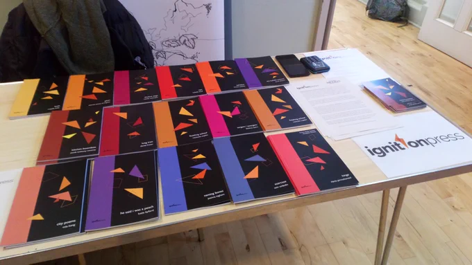 Close up of ignitionpress pamphlets on display at the Oxford Indie Book Fair.