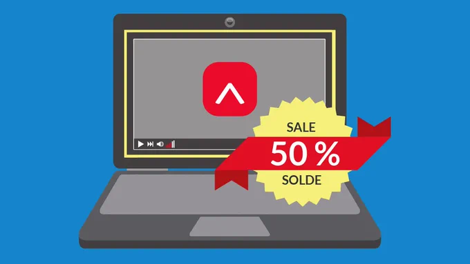 Illustration of Editors Canada logo on laptop screen with 50% sale banner