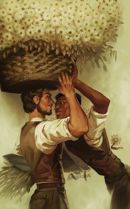 a re-imagining of William Bruce Ellis' "Covent Garden" with Adam and Steve. Steve holds a large, overflowing basket of flowers atop his head, along with a bouquet of flowers in his free arm. Adam is peeking under the basket, and is holding a flower behind his back. The two are smiling and looking in eachother's eyes.