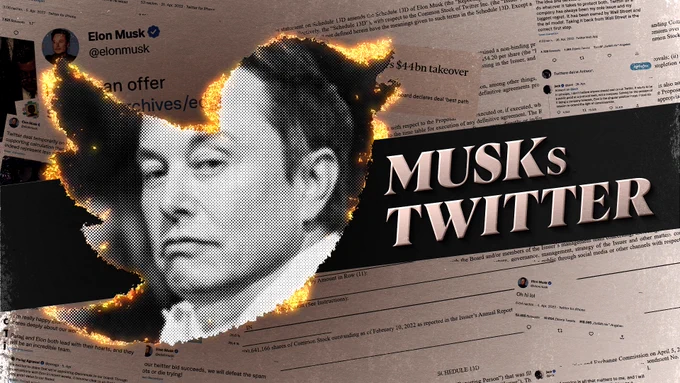 Brennendes Twitter-Logo, darin: Elon Musk.