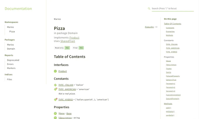 Screenshot of new feature 'On this page' for phpDocumentor