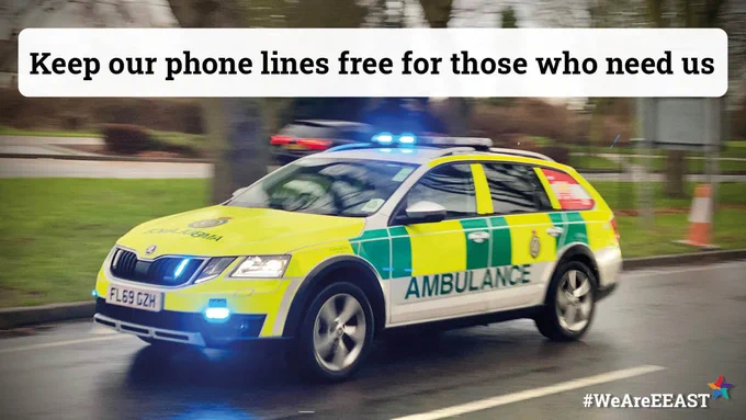 Rapid Response Vehicle driving along a road with blue lights on. Text reads: Keep our phone lines free for those who need us.