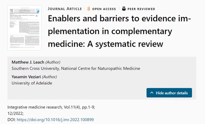Screen shot of a journal article record in a research repository. The citation of the article is: Leach, M. J., & Veziari, Y. (2022). Enablers and barriers to evidence implementation in complementary medicine: A systematic review. Integrative Medicine Research, 11(4), 1–9. https://doi.org/10.1016/j.imr.2022.100899