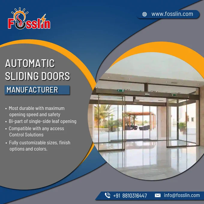 Fosslin automatic sliding doors are available with bi-parting or single side opening. Recommended for public entrances and exits, where there is very high traffic flow of people.