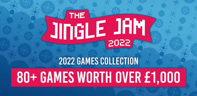 Text over a blue patterned background reads: "The Jingle Jam 2022; 2022 Games Collection; 80  games worth over £1,000"