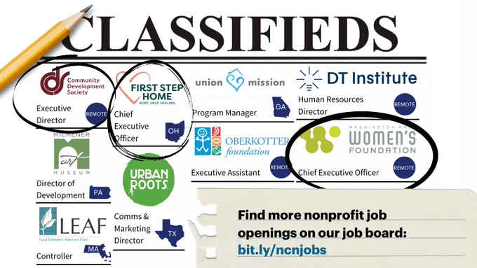 Classified ad with the logos of nine organizations and the action to “find more nonprofit job openings on our job board: bit.ly/ncnjobs.” Three leadership jobs are circled. 