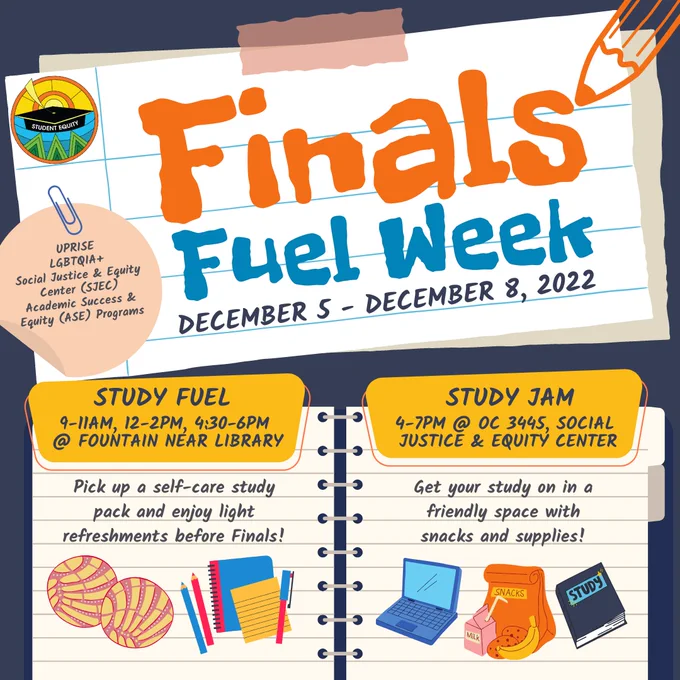 FINALS FUEL WEEK (12/5-12/8): Stop by the tables near OCN Fountain 9-11a, 12-2p, 4:30-6p for self-care study packs! Need a spot to study? Study Jam 4-7PM in OC 3445 (Student Center) with snacks & testing supplies! @MiraCosta #StudentEquity #ASE #UPRISE #SJEC #LGBTQIA #freestuff