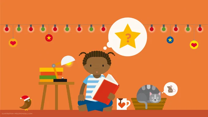 Artwork by Friederike Hofmann (weloveyouall.com): In the center of the image, a child is sitting on the floor with an open book in its hand. Above the child, there is a thought bubble with star and a question mark in it. Next to the child stands a small table with four books and a lamp. Also on the floor, a cup of hot chocolate, a small bird wearing a Santa hat, and a sleeping cat in a basket dreaming of a mouth. Above them all, there is a string of fairy lights and decoration.