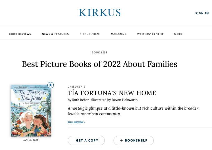 screenshot showing TIA FORTUNA'S NEW HOME on Kirkus's "Best Picture Books of 2022 About Families."