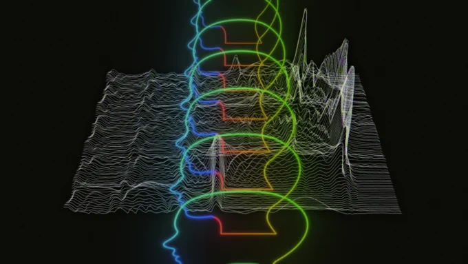 Illustration of a succession of identical rainbow-outlined heads layered over a set of 3D glowing sound waves.