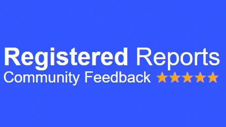 Website logo - white text on blue background. Text reads: 'Registered Reports Community Feedback'. Yellow stars are bottom right of the text, indicating that users can view/give ratings on various elements of the Registered Reports peer review process.